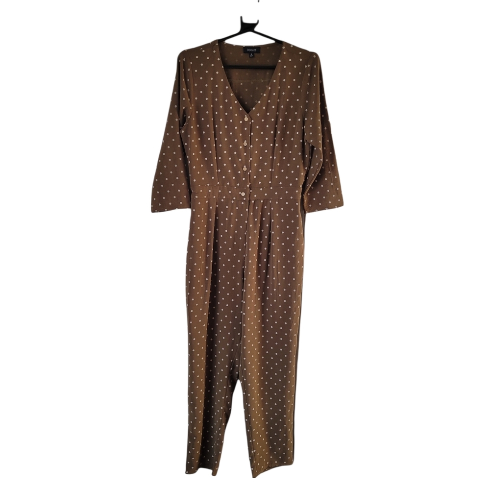 Roolee Polka Dot Jumpsuit Olive Green Button Down 3/4 Sleeve Size Small - Picture 1 of 12
